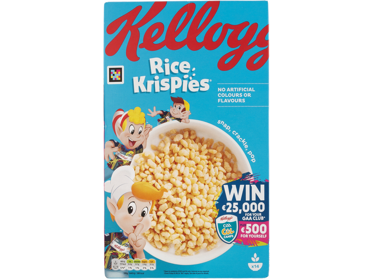 Kellogg's Rice Krispies: crunchy cereal featuring cartoon characters.
