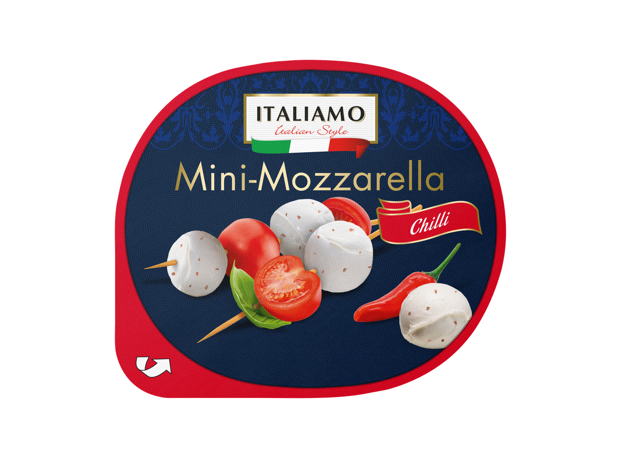ITALIAMO Mini-Mozzarella Chilli com tomate, manjericão e pimentas chili em fundo azul.