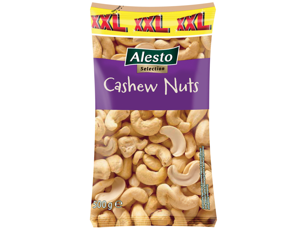 Alesto Selection Cashew Nuts, 500g, in XXL packaging.