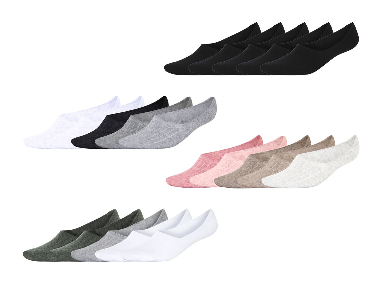 Sortiment Damen-Kniestrümpfe in Schwarz, Grau, Rosa und Weiß.