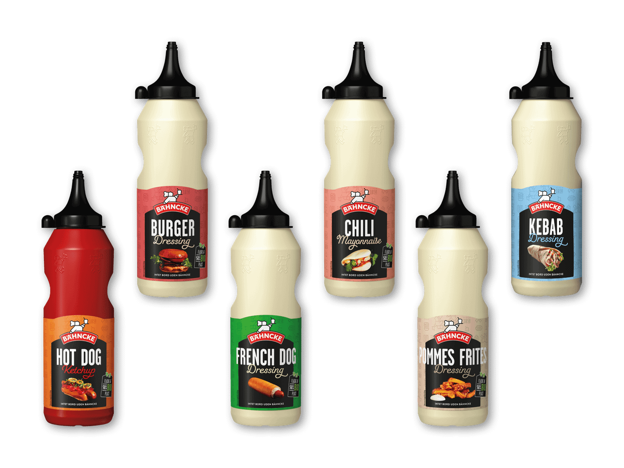 En række dressinger og saucer, herunder hotdog ketchup, burgerdressing og chilimayonnaise.