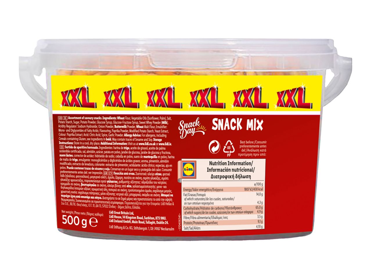 Lidl's XXL Snack Mix: a large container of savory snacks.