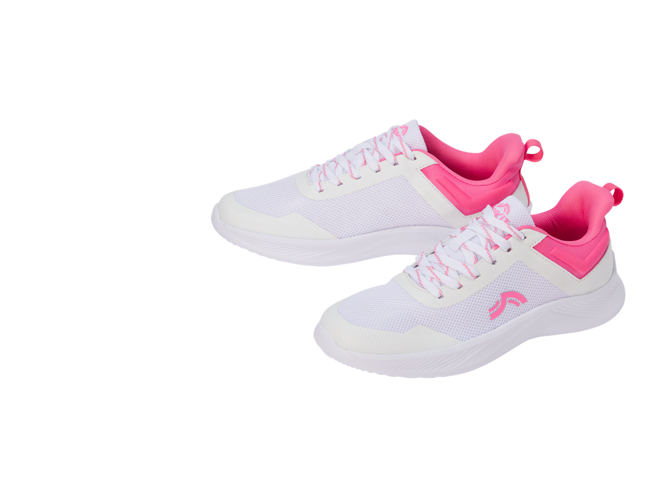 Sapatilhas brancas CRIVIT para mulher com detalhes e atacadores cor-de-rosa.