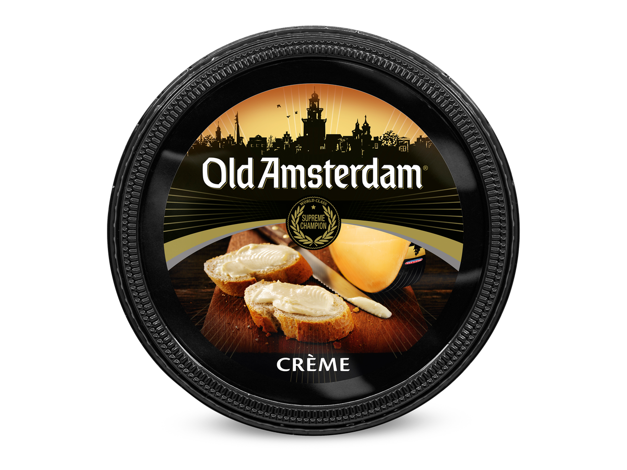 Ronde verpakking met smeerkaas, broodjes en een mes, met een stadsgezicht op de achtergrond.