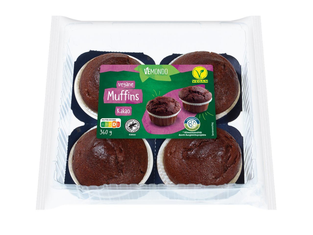 Vemondo vegane Kakaomuffins in Verpackung.