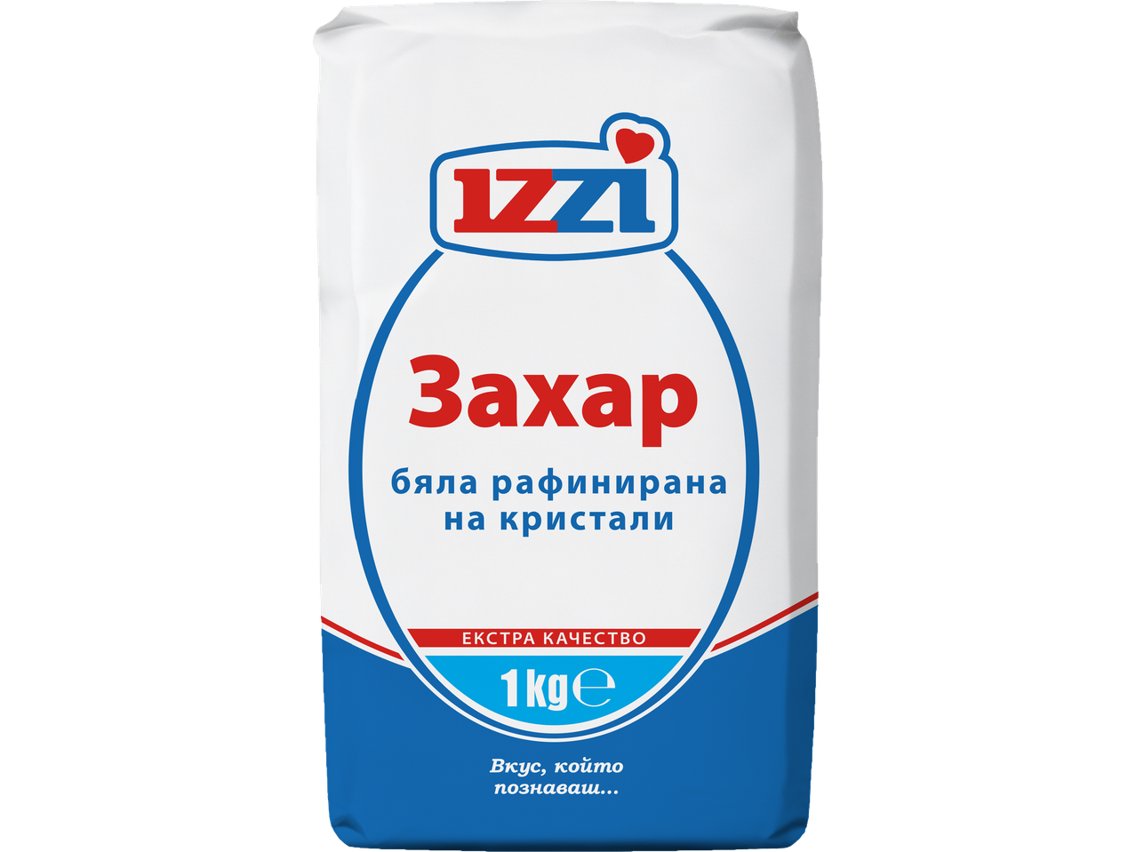 Пакет захар IZZI, бяла рафинирана на кристали, 1 кг, с надпис „Екстра качество“.