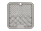 Grey silicone pet lick mat with textured sections for food and treats.