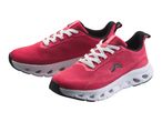 Pair of red and white athletic shoes with black accents and white laces