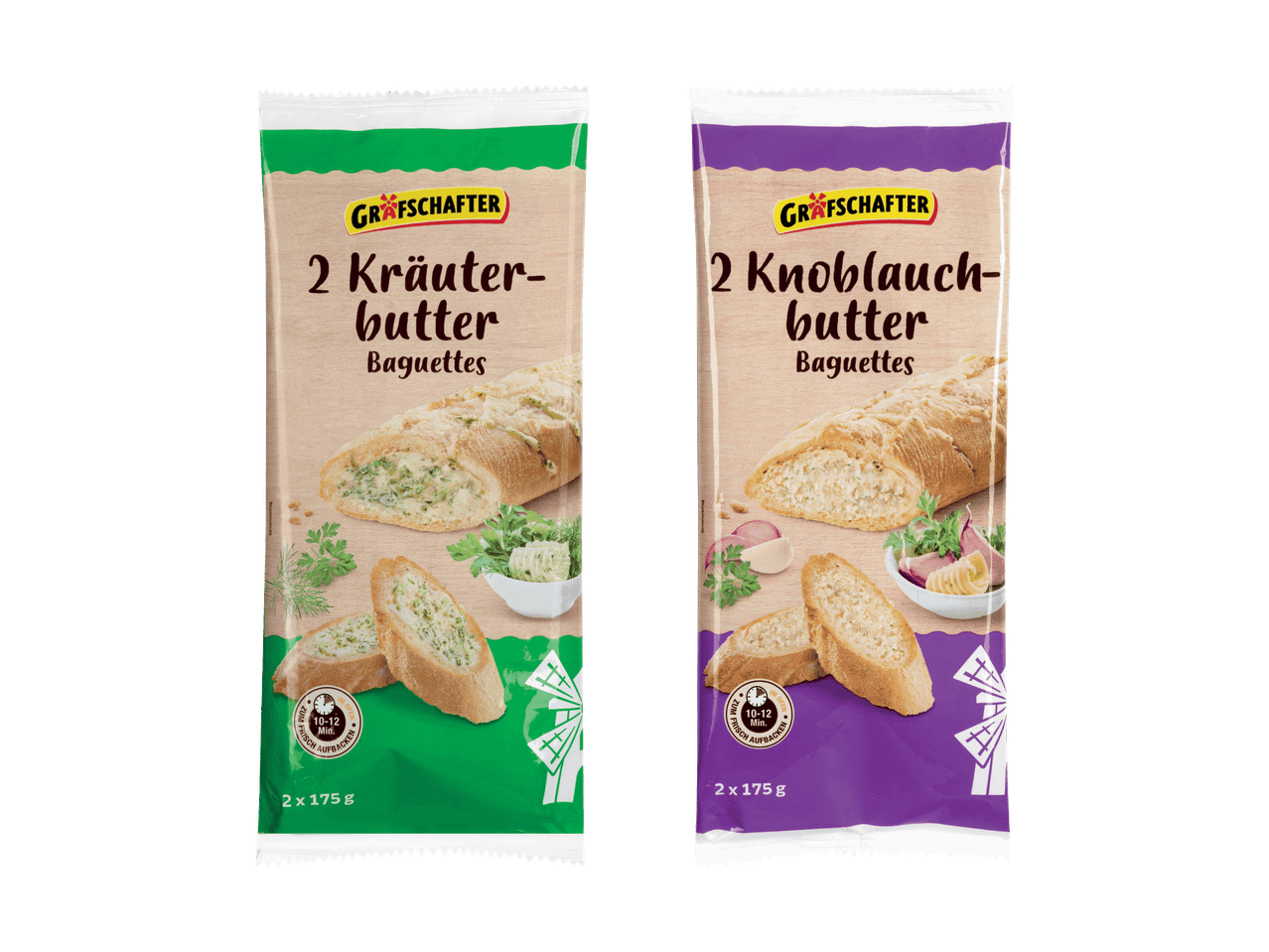 Zwei Gräfschafter Baguettes mit Kräuter- und Knoblauchbutter.