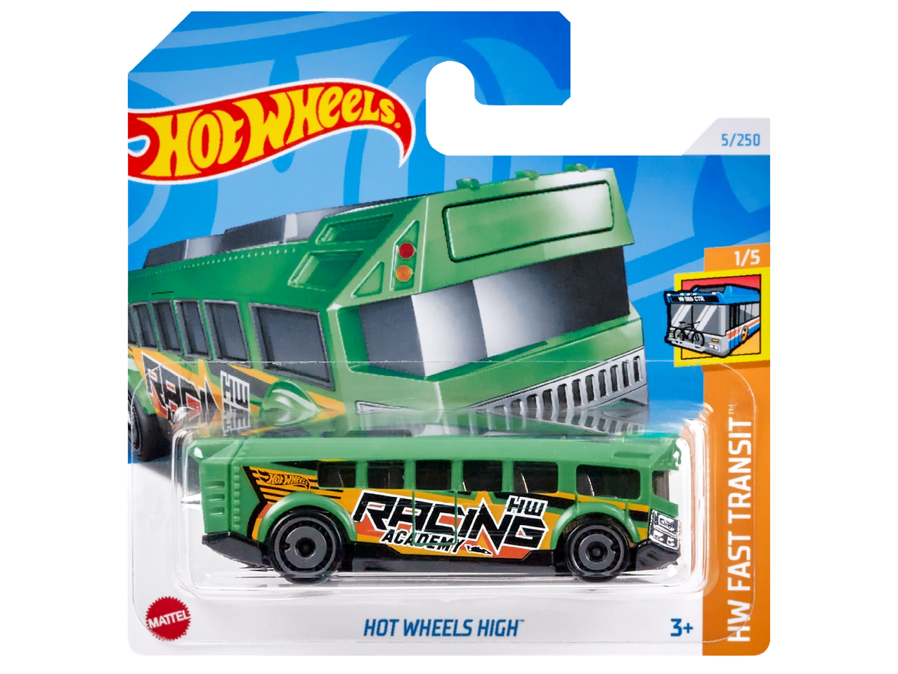 Зелен автобус играчка с надпис „Racing Academy“ на опаковка за играчки.