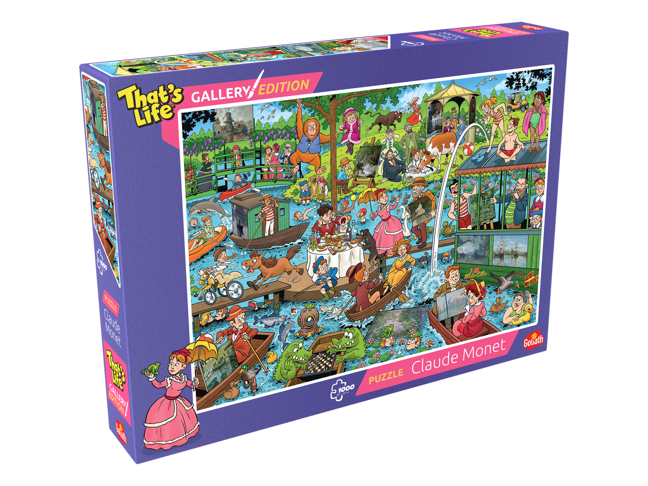 Kleurrijke legpuzzel van 1000 stukjes met een grappige Claude Monet-illustratie.
