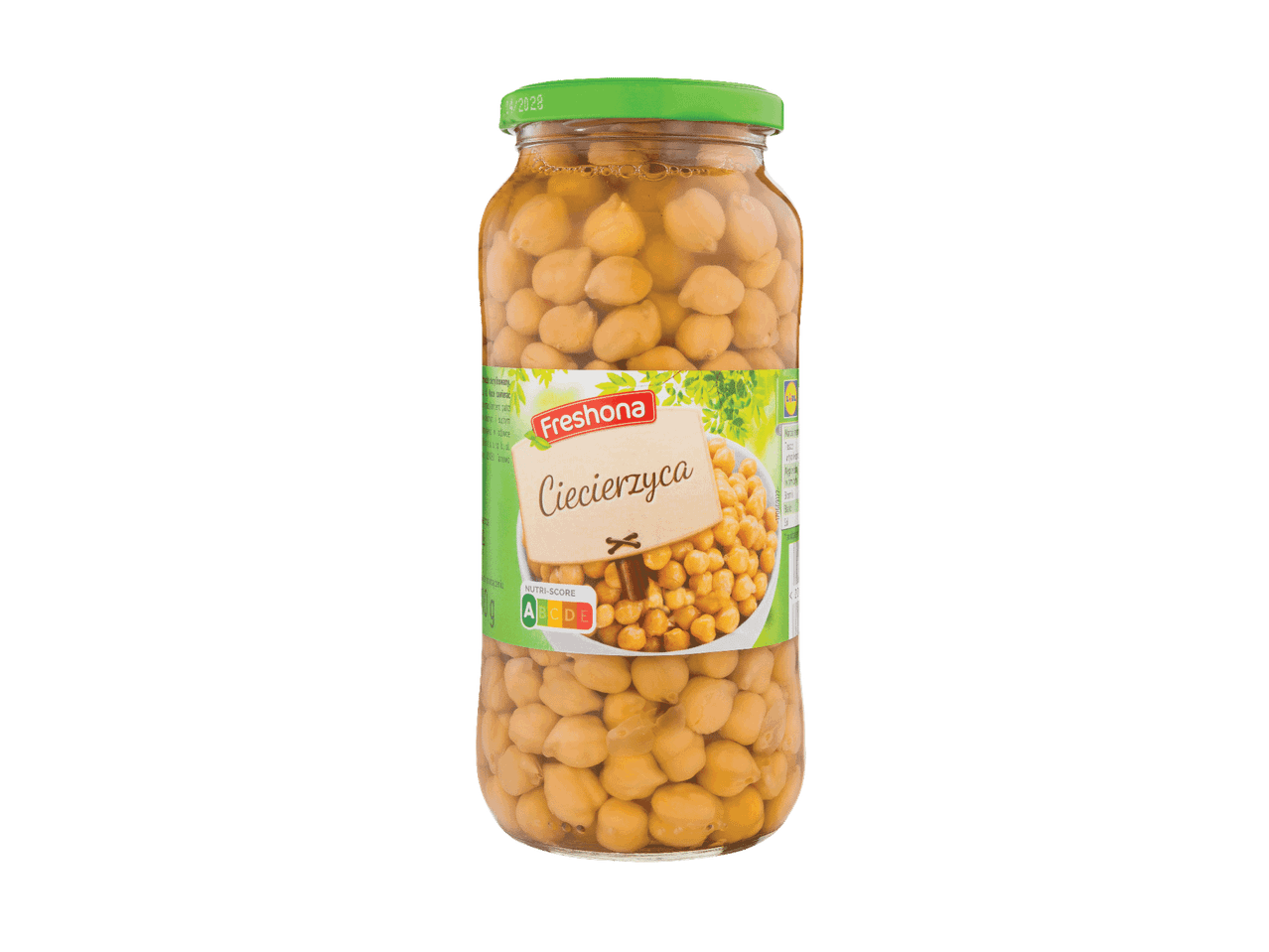 Stiklainis „Freshona“ avinžirnių su „Nutri-Score“ etikete.