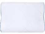 White quilted mattress protector with blue trim.