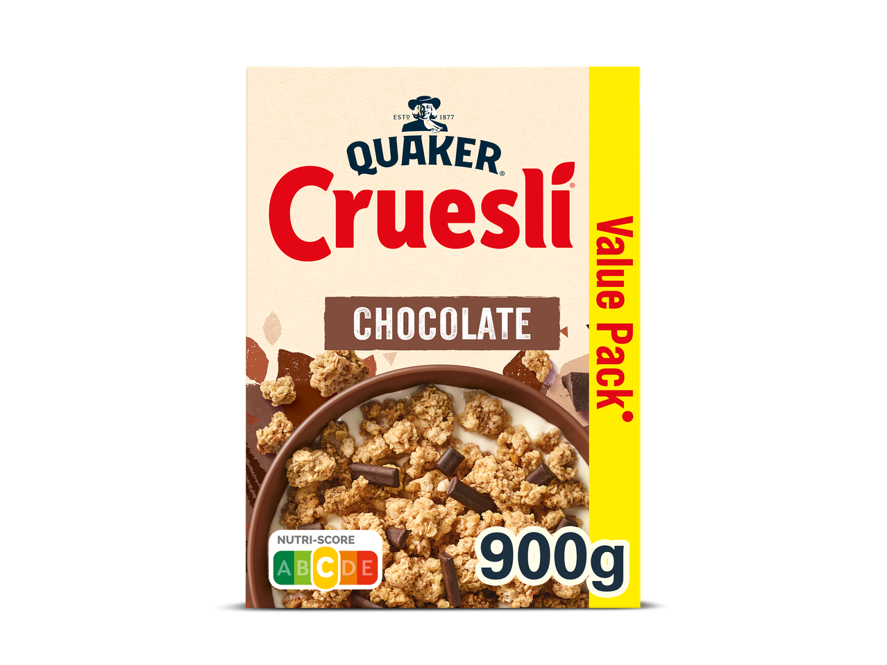 Doos muesli met chocolade, met een kom muesli en melk, en de tekst 'Value Pack 900g'.