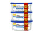 A three-pack of compact dehumidifiers with a special offer band.