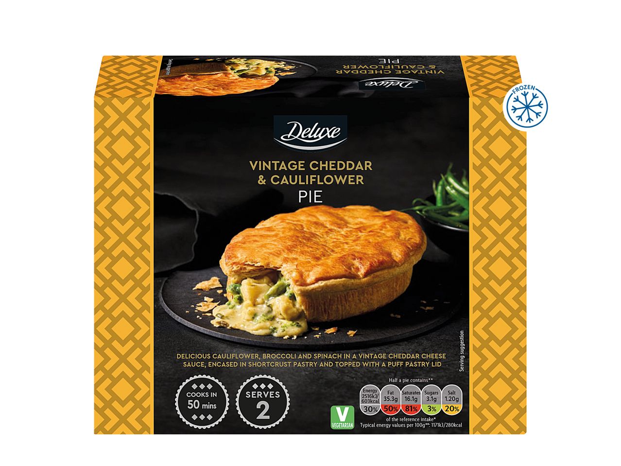 Vintage Cheddar & Cauliflower Pie, frozen, cooks in 50 mins, serves 2, vegetarian.