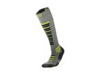 Grey ski sock with neon yellow and dark grey stripes and accents