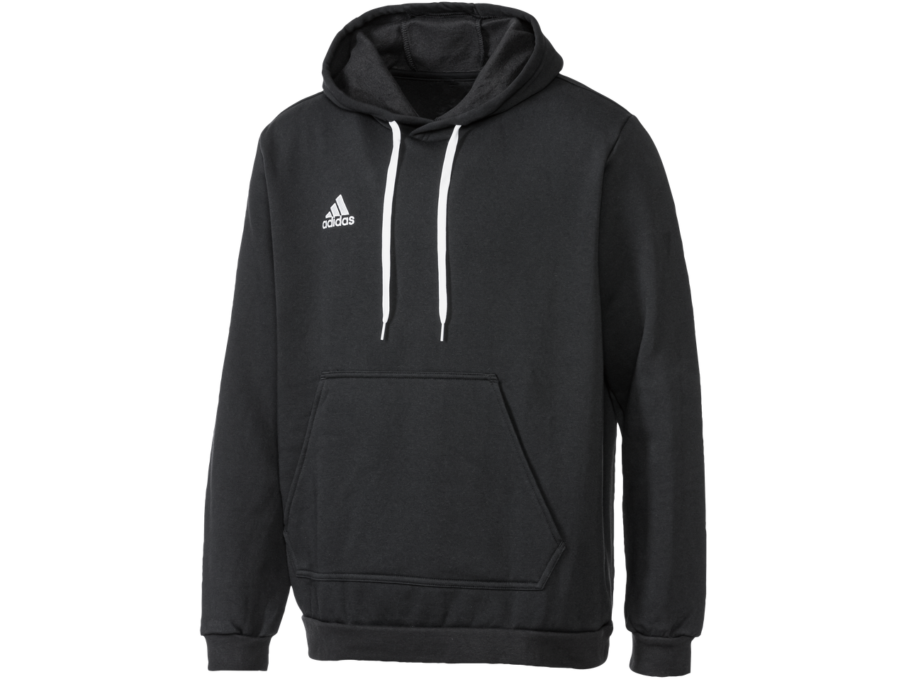 Zwarte Adidas hoodie met witte trekkoorden en kangoeroezak.