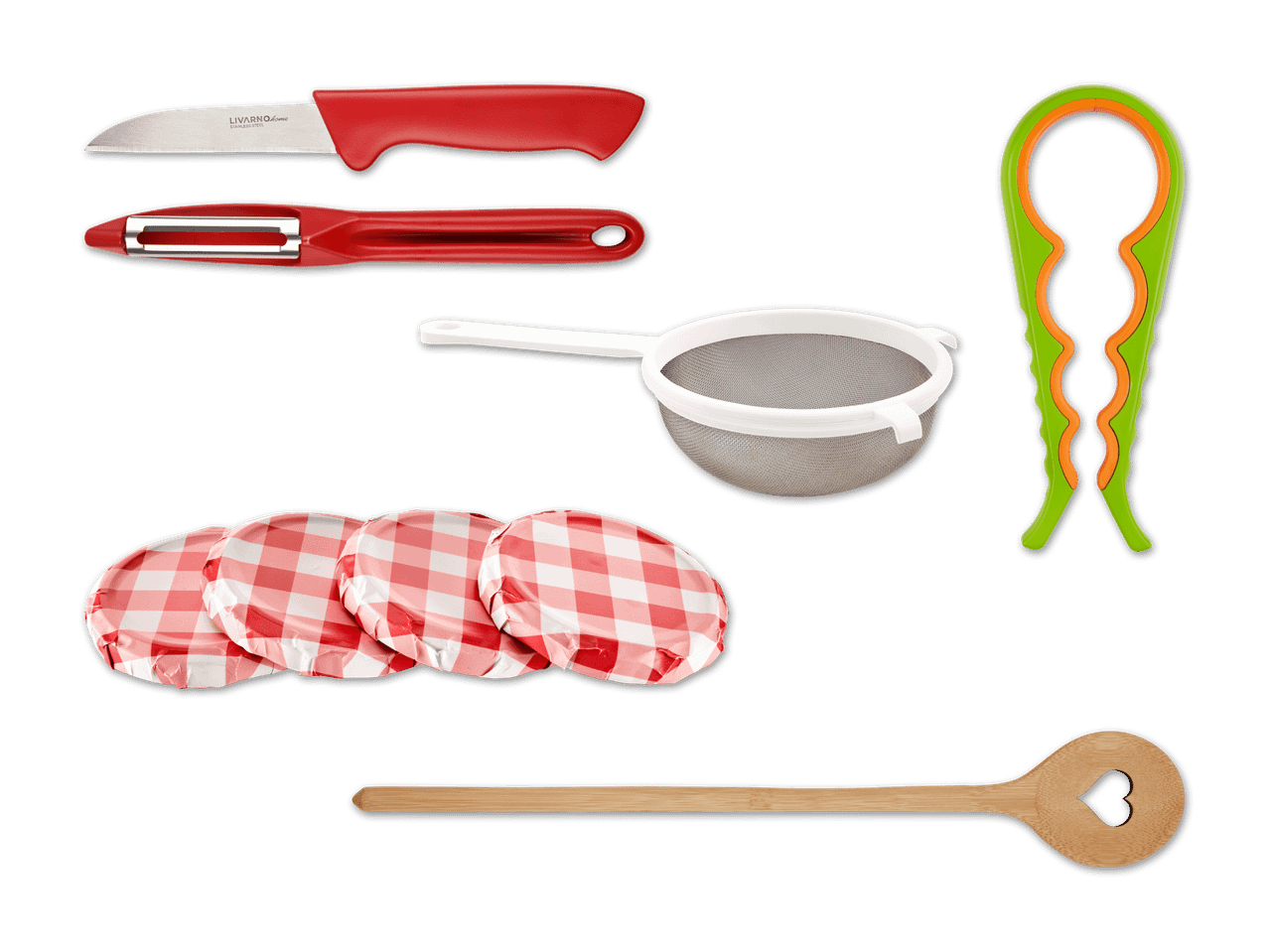 Küchenutensilien: Livarno Home Messer, Sparschäler, Sieb, Deckelöffner,  Deckel und Holzlöffel.