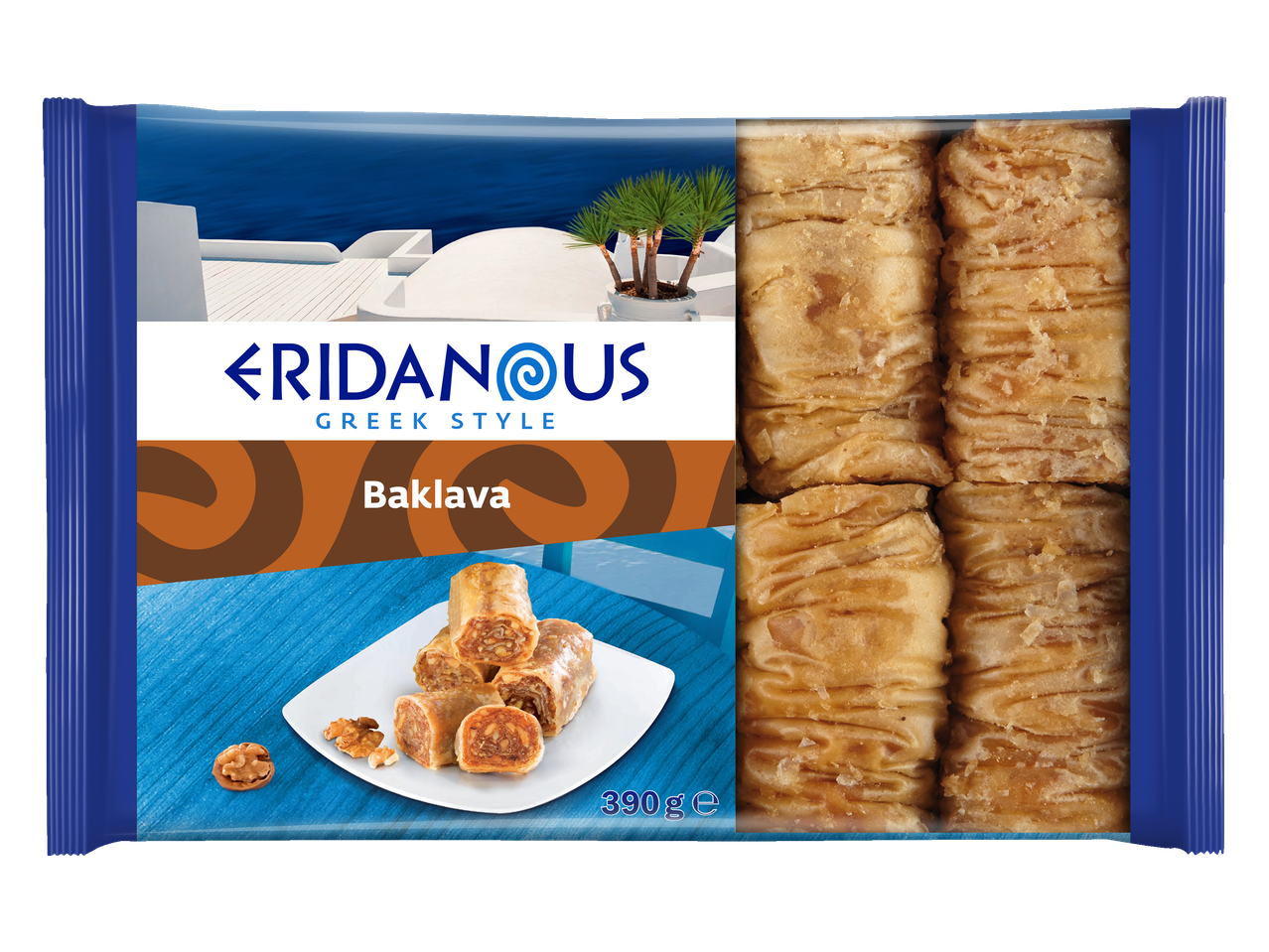 Eridanous Greek Style Baklava in a blue package, with a scenic Greek background.