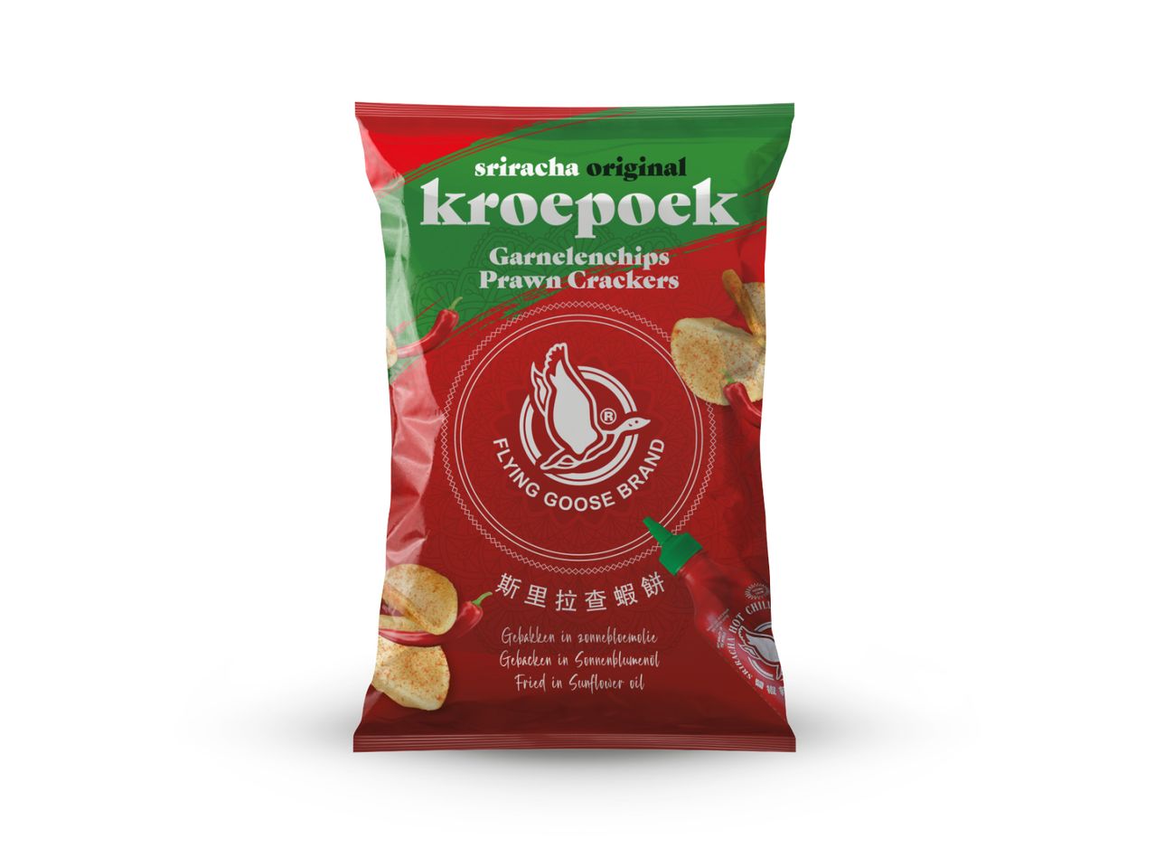 Pakiranje Flying Goose kroepoek grickalica s okusom srirache.