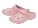 Pair of light pink clogs with ventilation holes and a movable heel strap.