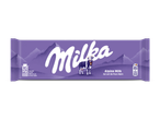 Paarse chocoladereep met een koe en bergen, met de tekst 'Alpine Milk'.