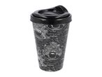 Black reusable coffee cup with lid and white coffee-themed illustrations