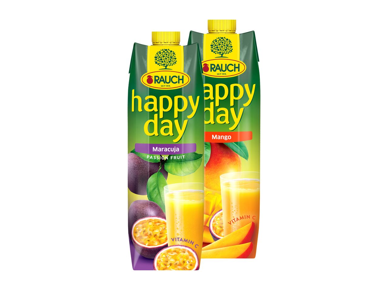Zwei Rauch Happy Day Saftkartons, einer mit Maracujageschmack, der andere mit Mango.