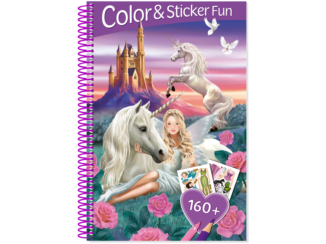 Coloring book and stickers featuring unicorns, a castle, and fairies.