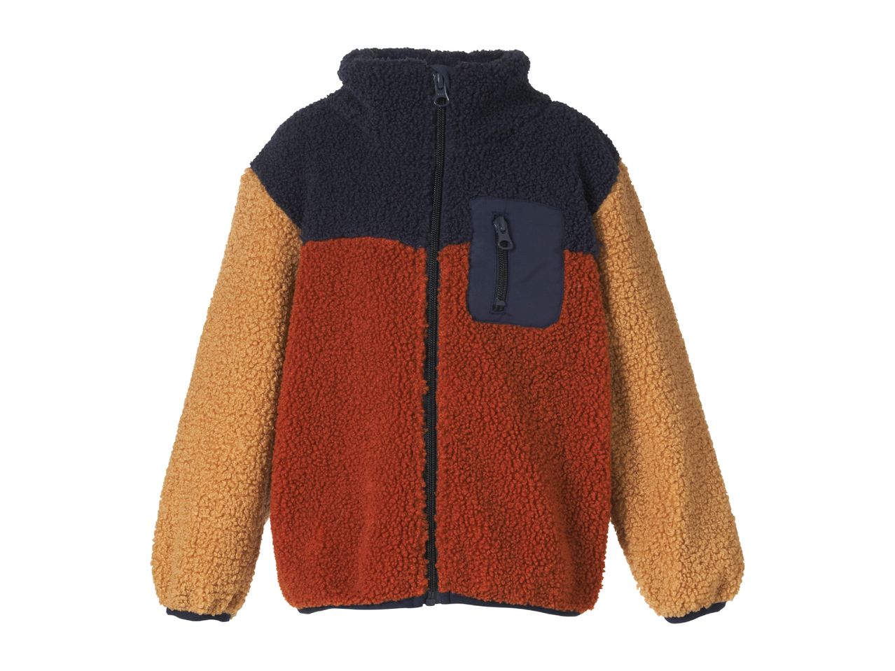 Color block fleece jacket in navy, rust, and mustard with a chest pocket.