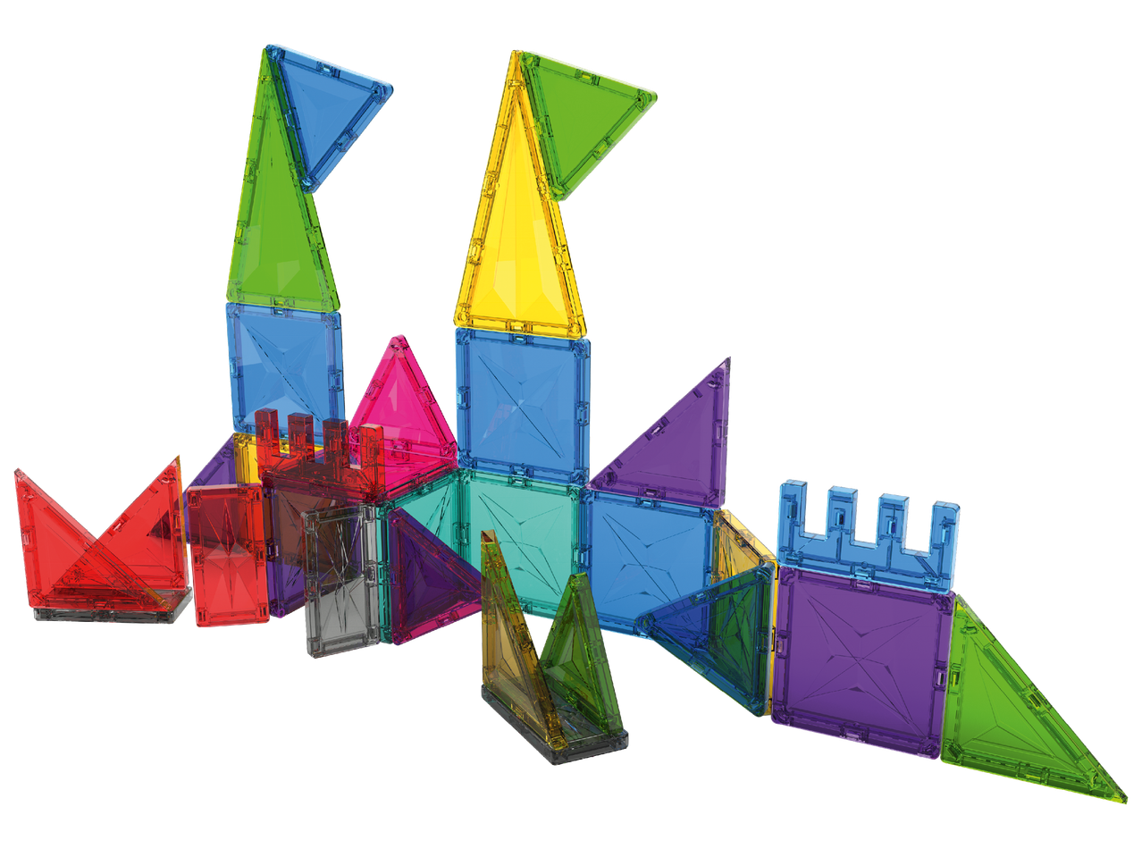 Цветни магнитни плочки, оформени като замък или дракон.