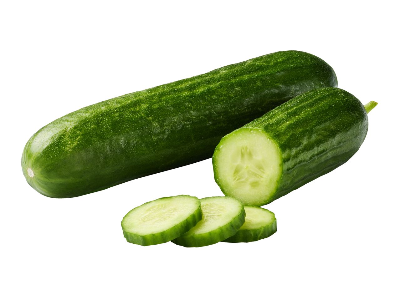 Fresh whole and sliced cucumbers with water droplets on a white background.