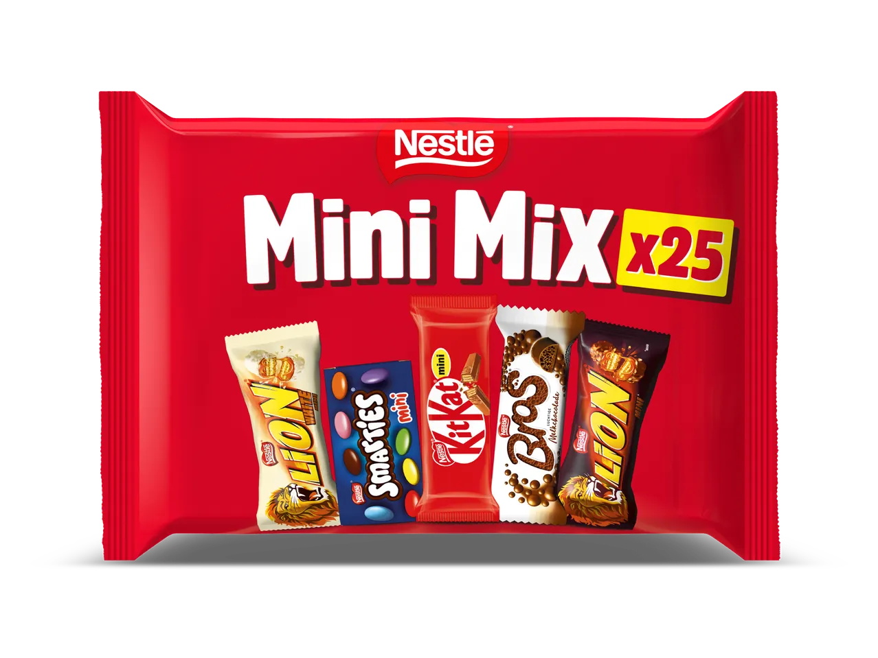 Rode verpakking met 25 mini-chocoladerepen, waaronder Lion, Smarties, KitKat en Bros.