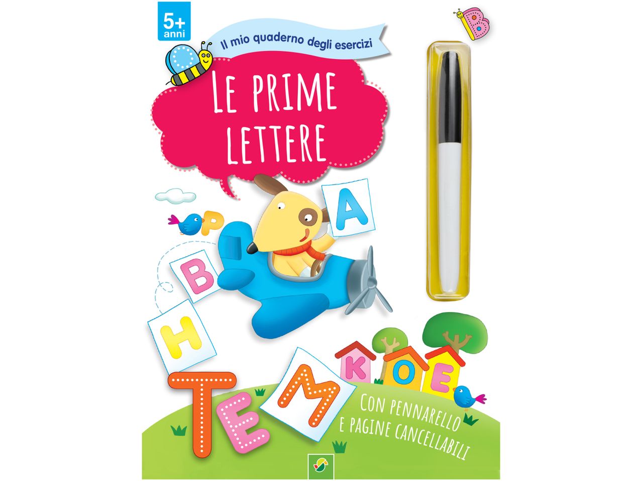 Quaderno di esercizi per bambini con pennarelli cancellabili, per imparare le prime lettere dell'alfabeto.