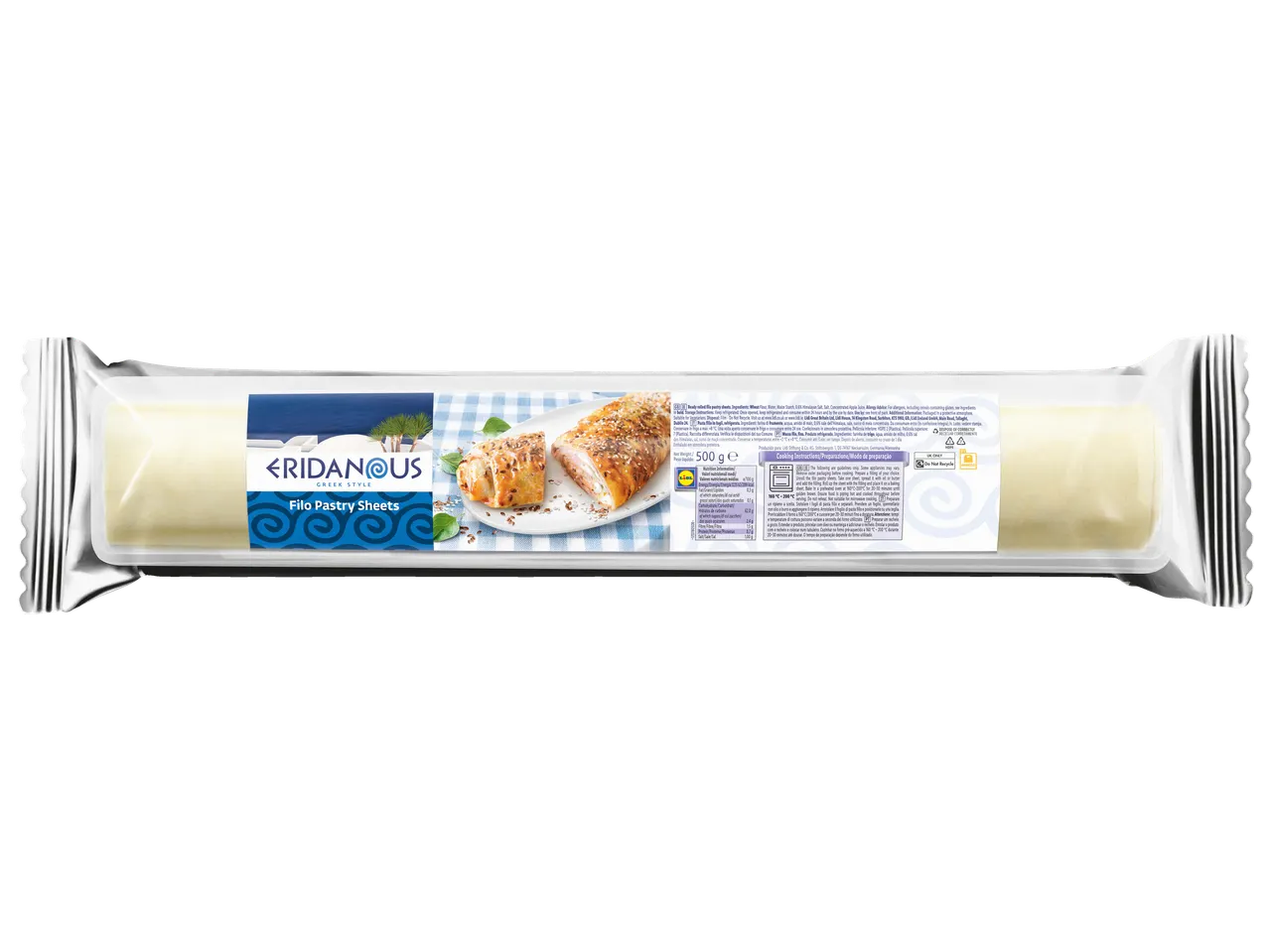 Eridanous Filo Pastry Sheets, 500g, with cooking instructions and nutritional information.