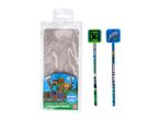 Minecraft pencils with toppers, featuring characters like Creeper and a dolphin, in a reusable case.