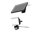 Solar panel and a floodlight with a motion sensor, both black, on a white background.
