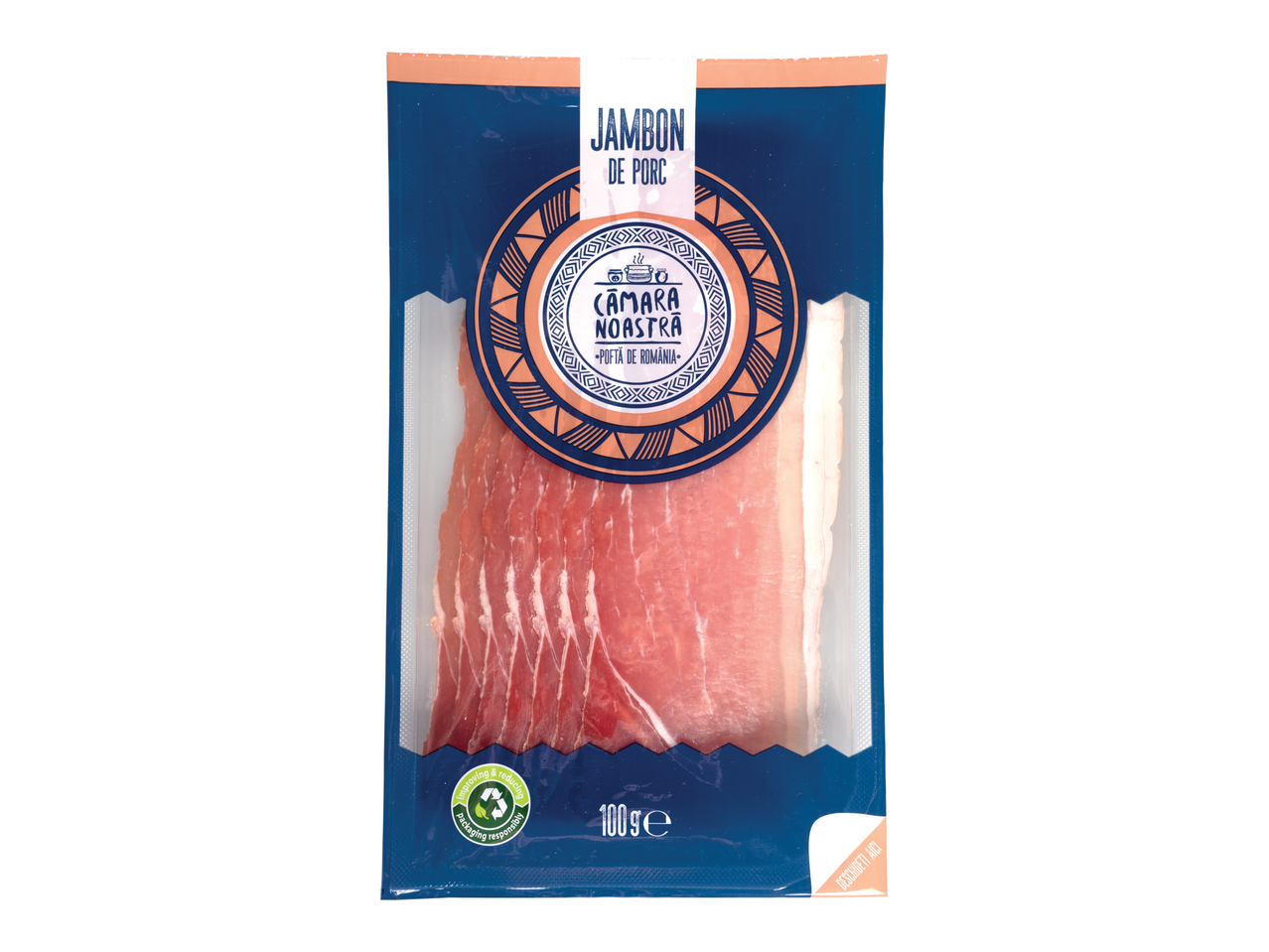 Felii de jambon de porc Camara Noastra ambalate.