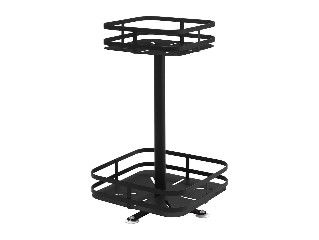Black two-tier shower caddy with square shelves and a central pole.