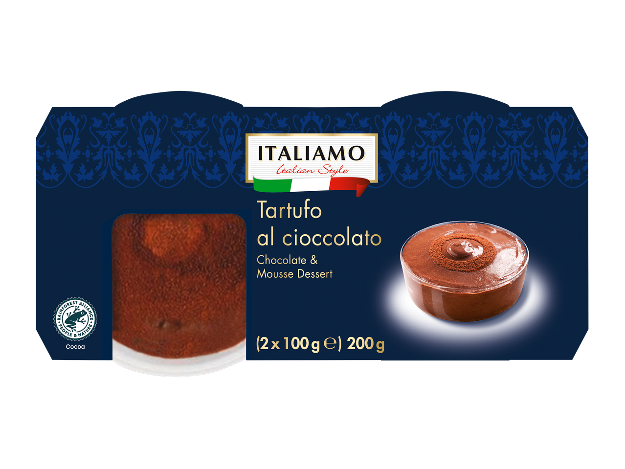 Dessert chocolat et mousse, style italien, 2 x 100 g, 200 g.