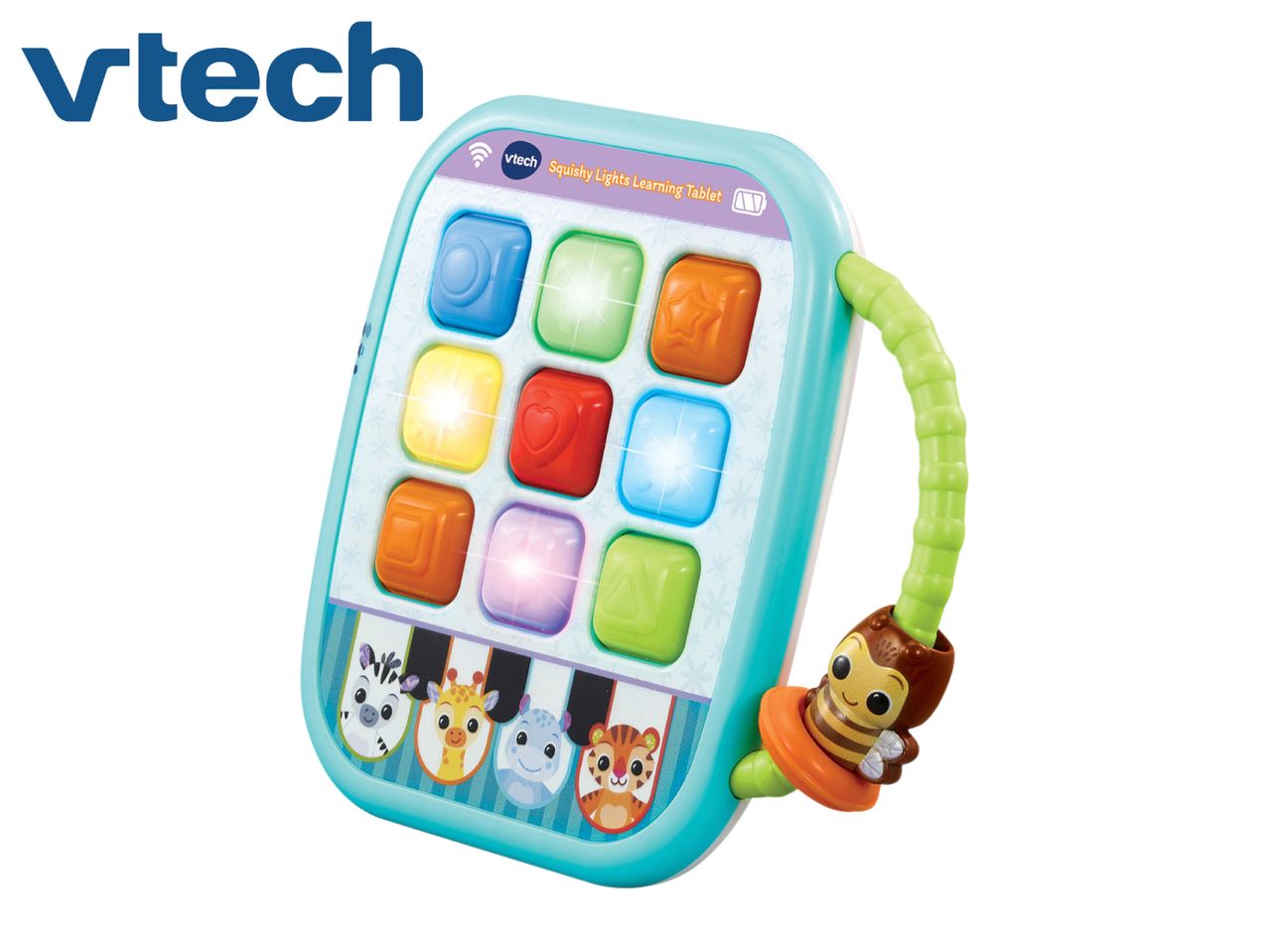 Interactive learning tablet with light-up buttons, animal characters, and a bee teether.