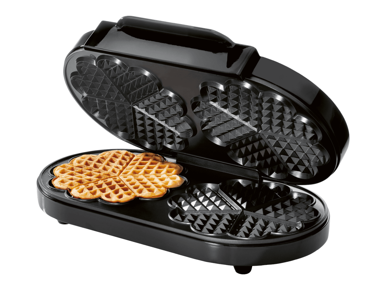 Musta vohvelirauta, jossa on sydämenmuotoisia vohveleita ja yksi valmis vohveli.