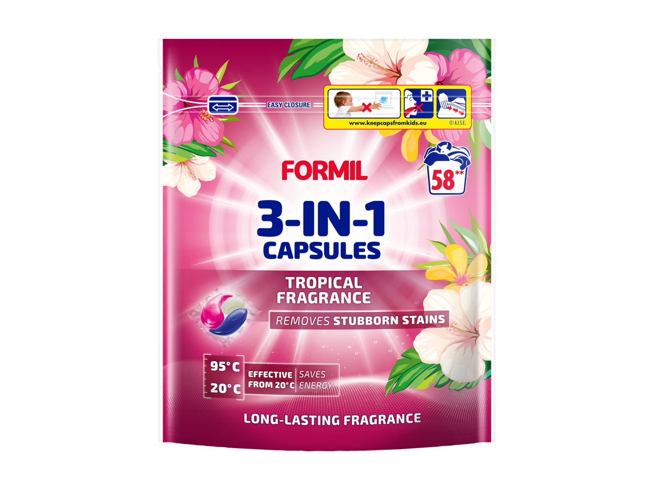 Capsule de spălat FORMIL 3 în 1 cu parfum tropical, îndepărtează petele persistente, pachet de 58 de bucăți.