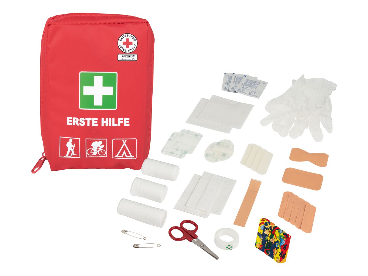 Rotes Erste-Hilfe-Set mit Verbandsmaterial, Schere und Handschuhen