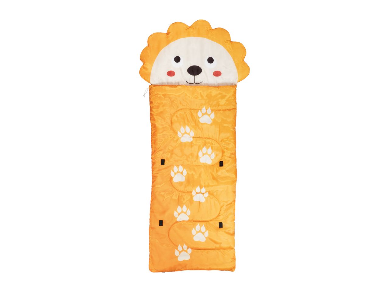 A child's orange lion-shaped sleeping bag with paw prints.