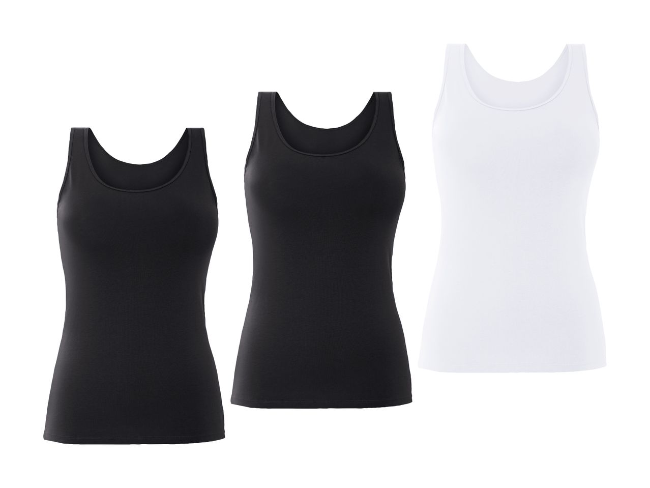 Tre simple tanktops i sort og hvid.