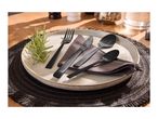 Black cutlery set on a plate with a napkin and rosemary sprig.