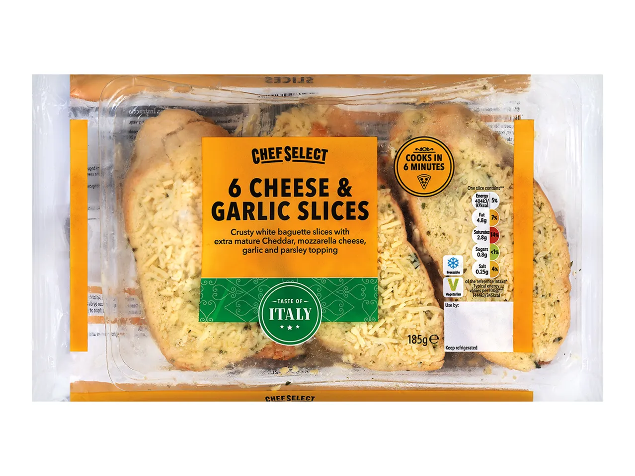 Chef Select 6 cheese & garlic baguette slices, taste of Italy.