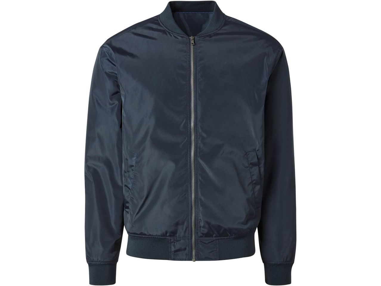 Bomber blu scuro con cerniera frontale e polsini a costine.